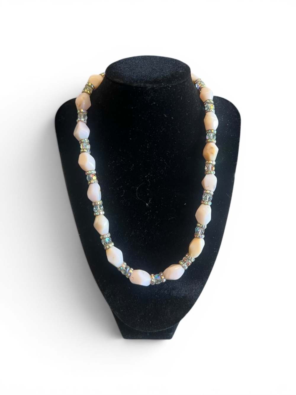 Pink Beaded Necklace w Iridescent Crystal Spacers Toggle Clasp Vintage